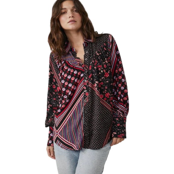 Free People Tops - Free People Hazel Buttondown Top Medium New Black Floral Stripe Mixed Print Boho